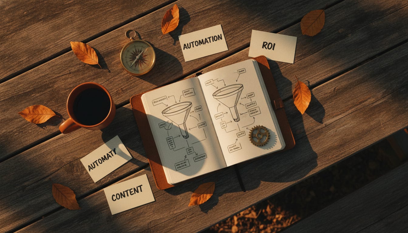Overhead view of a wooden picnic table with a leather notebook, index cards, brass compass, coffee mug, and leaves in golden 
