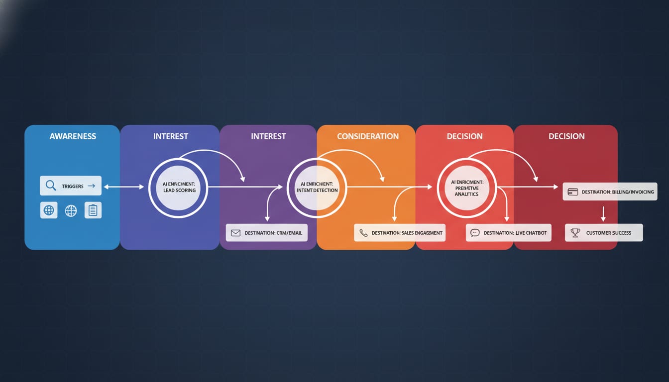 Diagram of a growth automation workflow library organized by funnel stage, showing triggers, AI enrichment steps, and destination systems