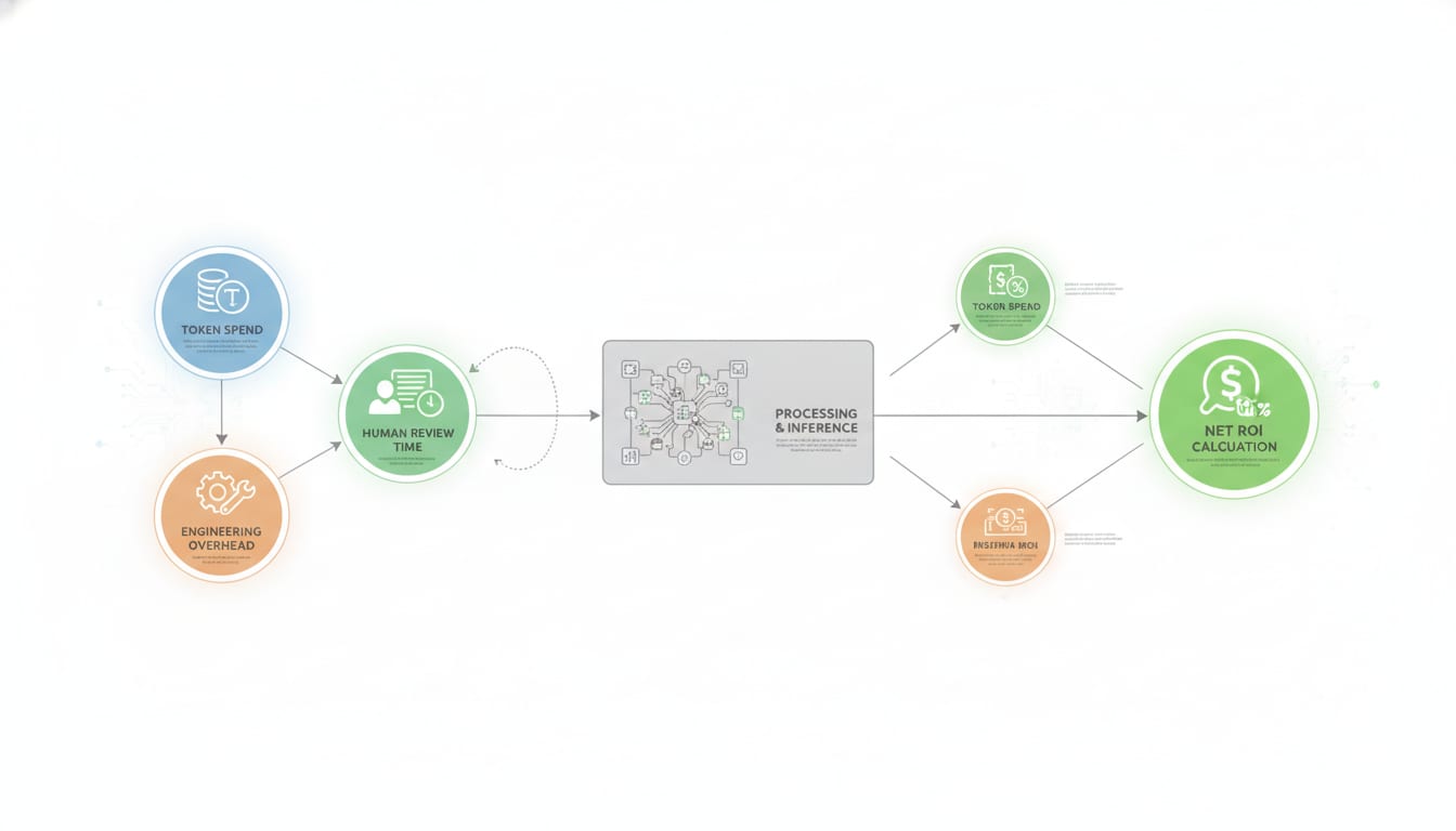 Diagram of an LLM cost and ROI model showing token spend, human review time, and engineering overhead feeding into a net ROI calculation