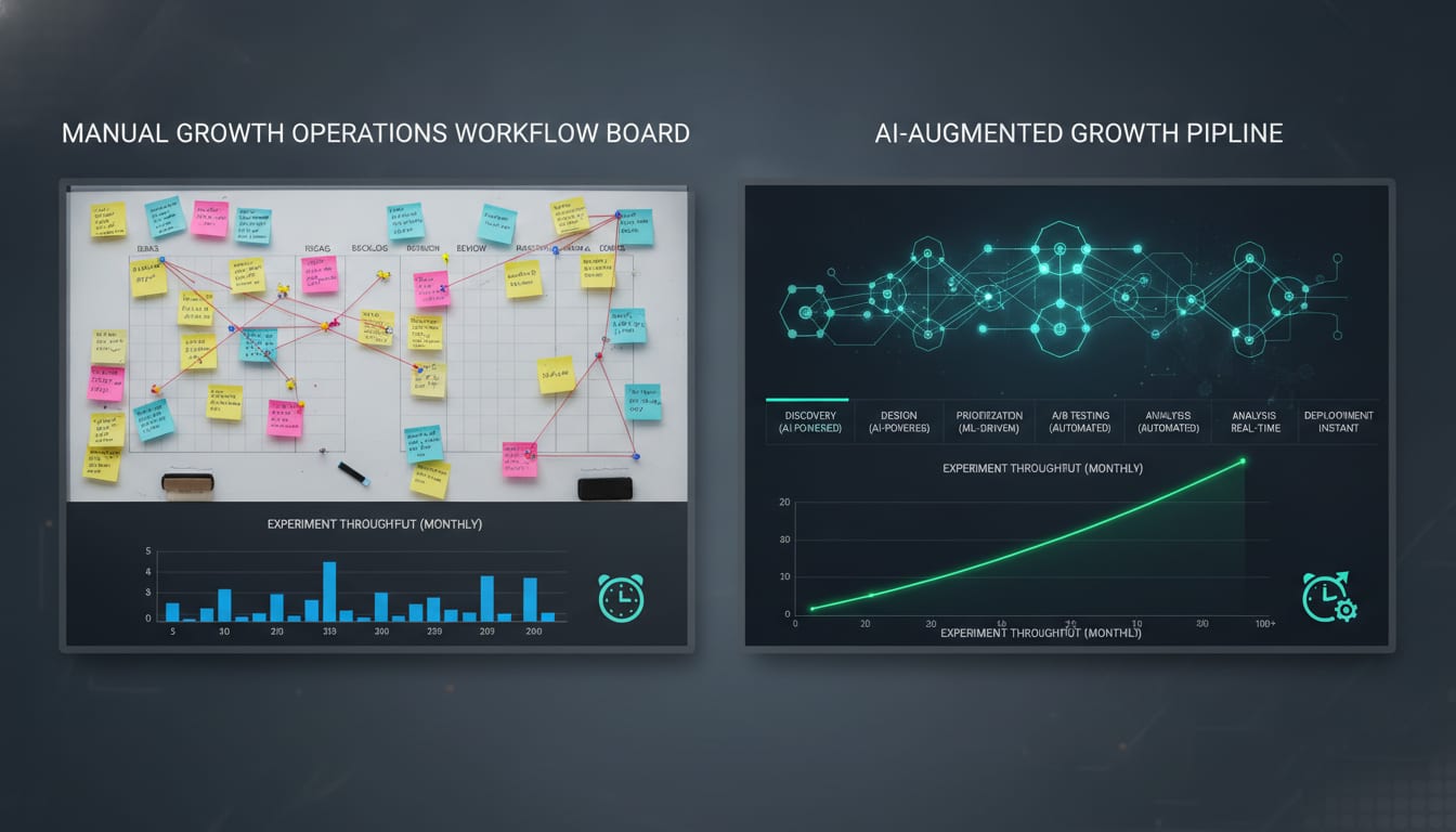 Split-screen comparison of a manual growth operations workflow board versus an AI-augmented growth pipeline showing experiment throughput metrics