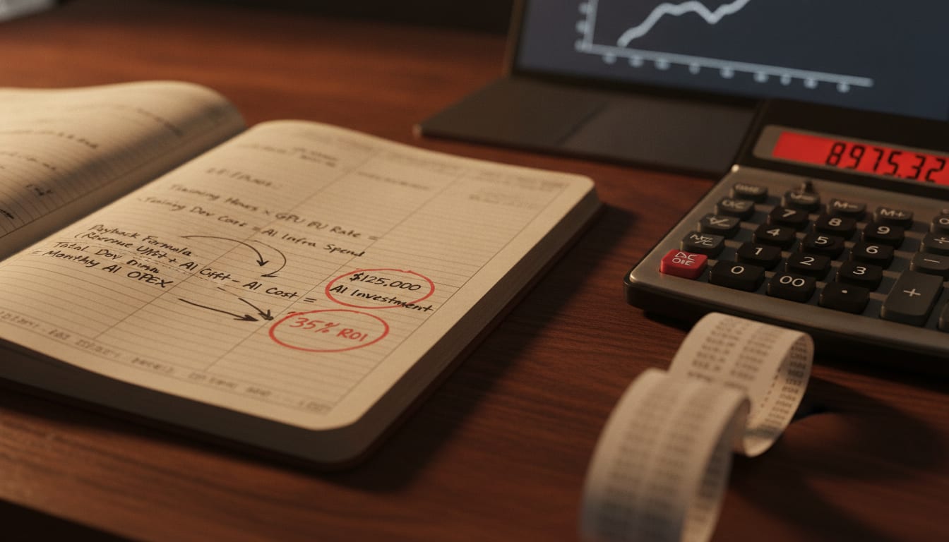 Handwritten AI cost calculations in a ledger with red-circled figures beside a vintage mechanical calculator on a wooden desk