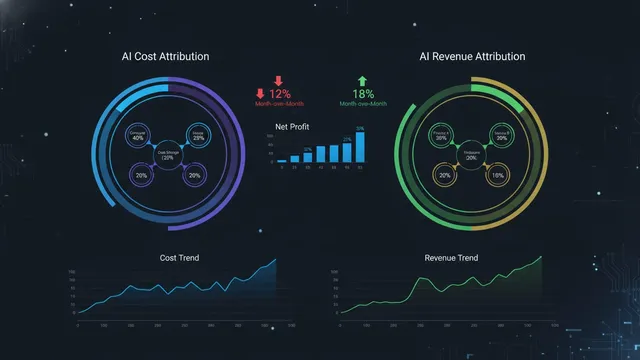 Analytics dashboard displaying AI cost metrics next to revenue attribution data in side-by-side charts and graphs