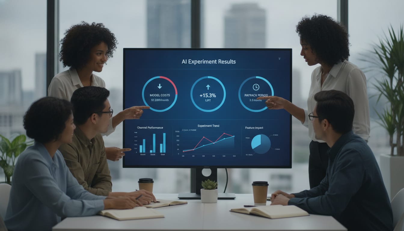 Growth team reviewing AI experiment results on a dashboard with model costs, conversion lift, and payback period metrics
