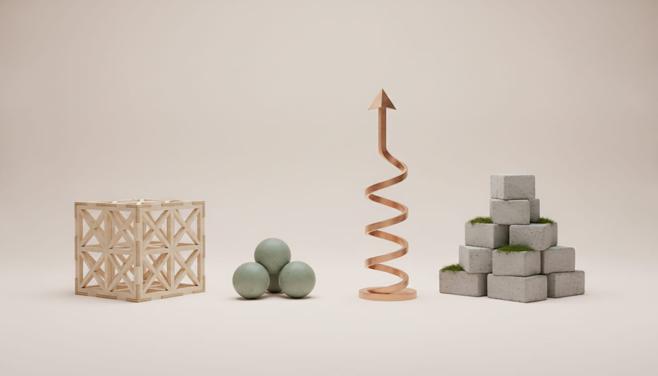 Four sculptural objects in a row on a white platform: a birch lattice cube and linked sage ceramic spheres