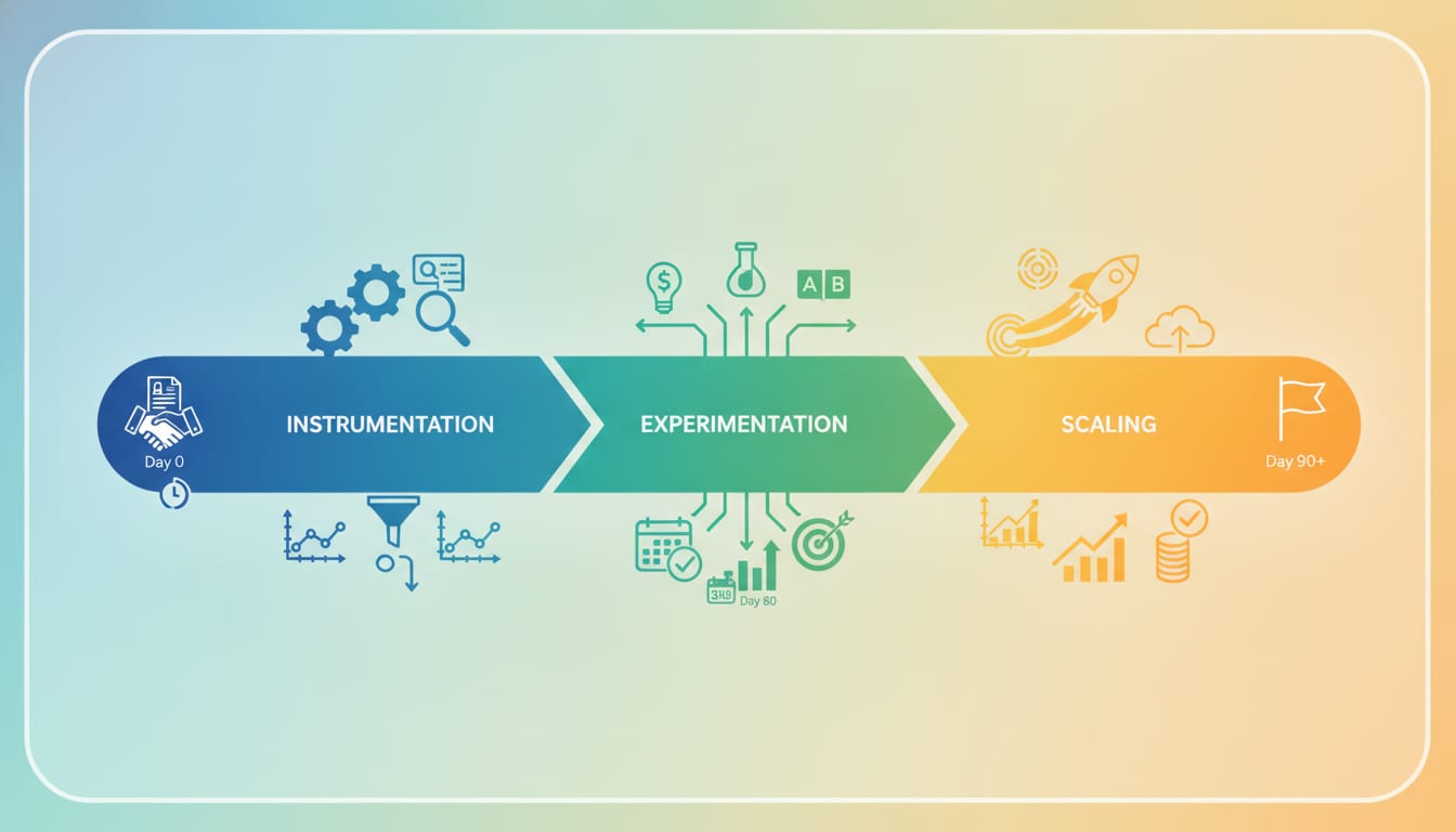 Diagram showing a growth partner engagement timeline from contract signing through the first 90 days, with instrumentation, experimentation, and scaling phases