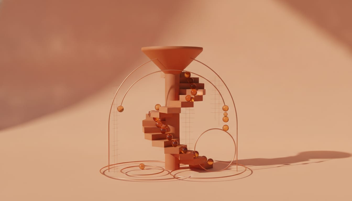 Amber spheres cascade down stepped geometric platforms into looping channels, rendered in warm monochromatic orange tones.