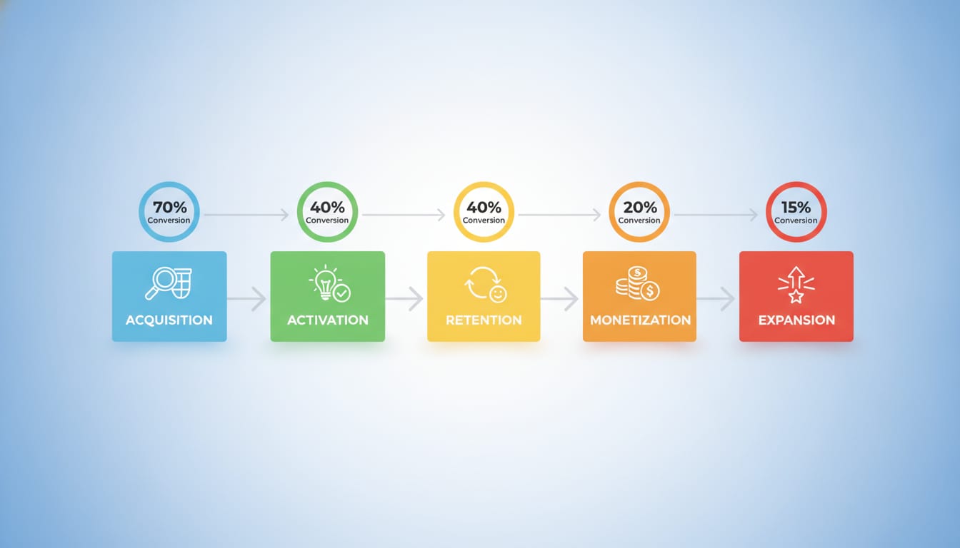 Diagram of a product-led growth funnel showing acquisition, activation, retention, monetization, and expansion stages with conversion metrics at each step