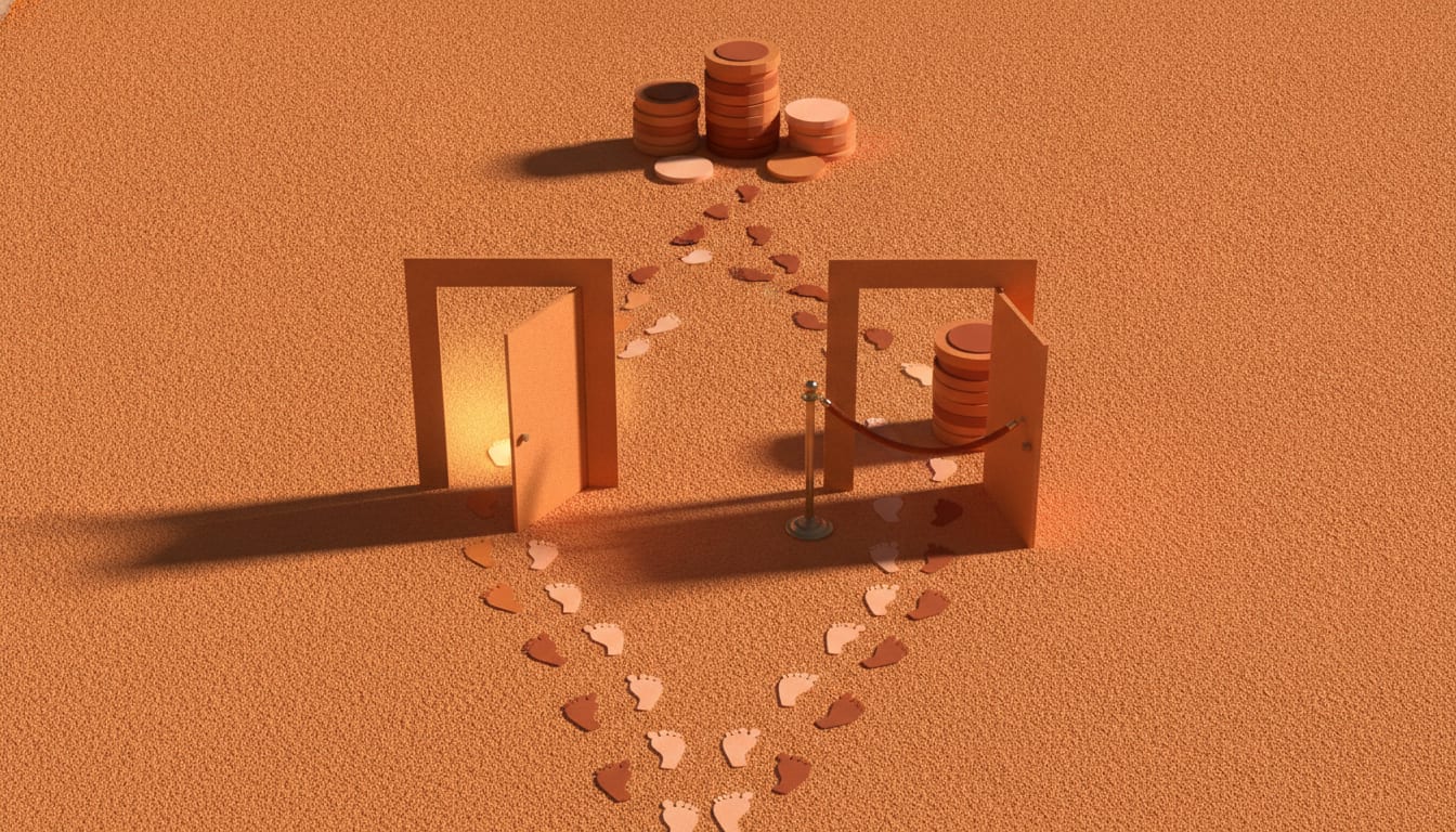 Overhead paper-craft scene in warm orange tones: two doorways, one ajar, one roped, footprints leading to stacked coins.