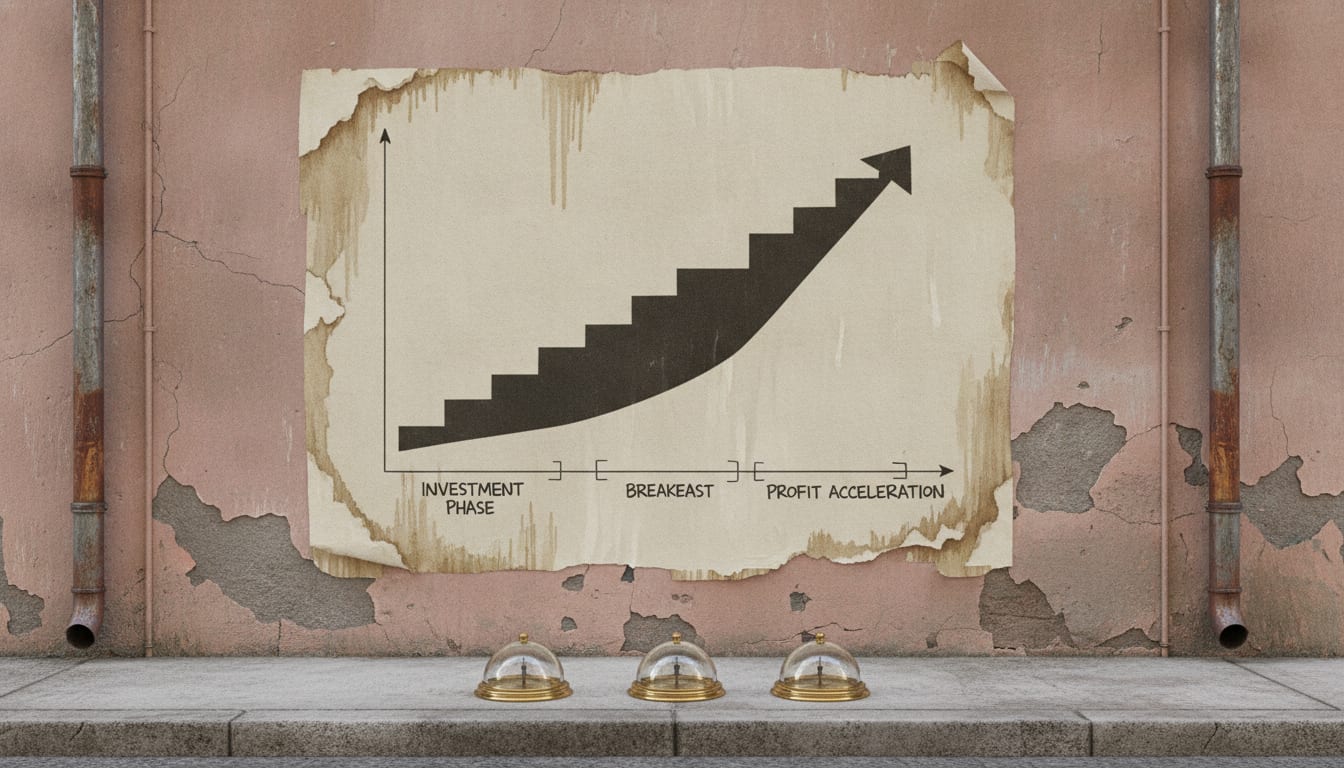 Wheatpasted cream poster of a stepped payback curve on a flaking pink wall fram