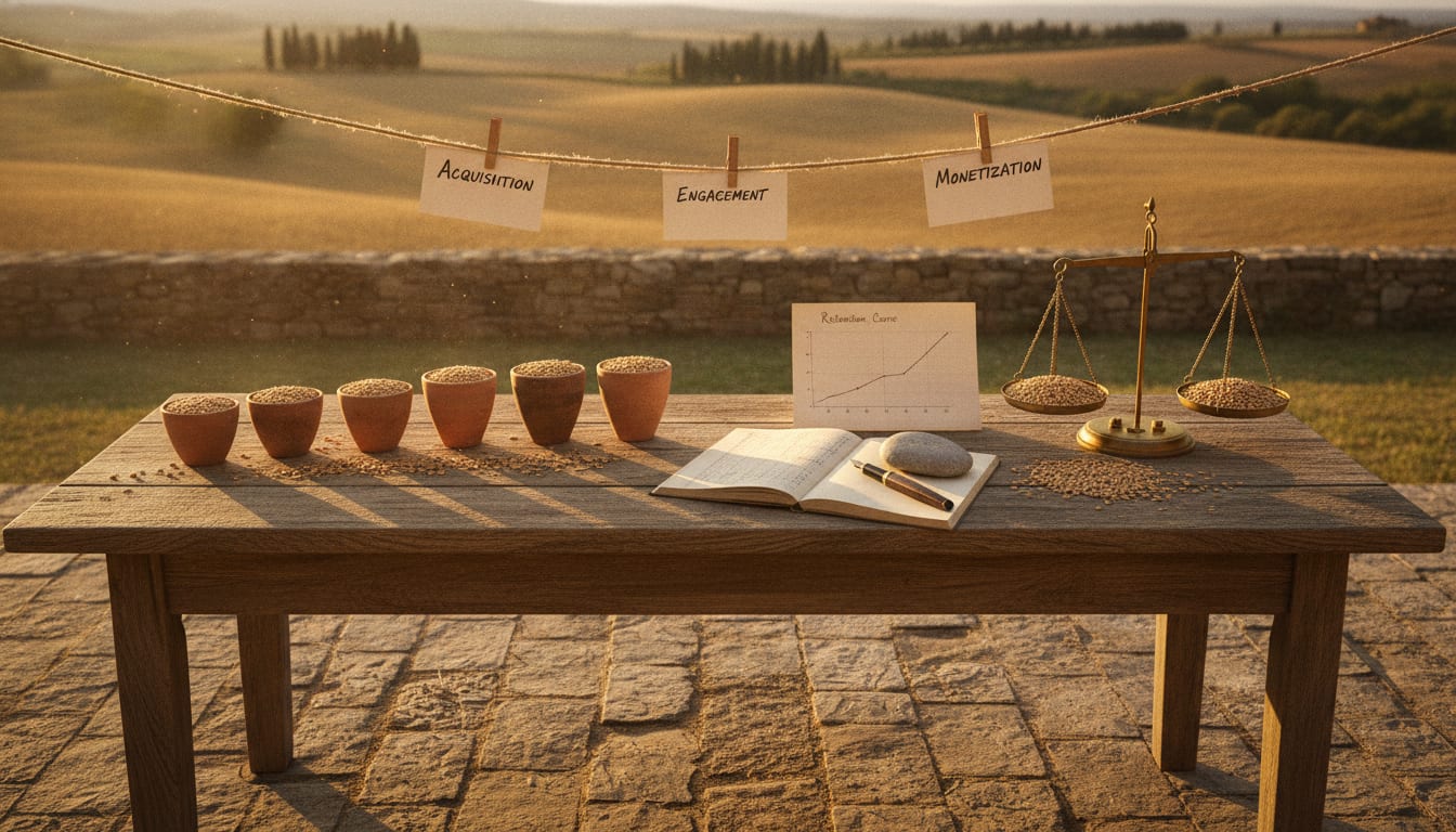 Terracotta cups of grain, brass scale and open ledger on a rustic outdoor table at golden hour in the countryside