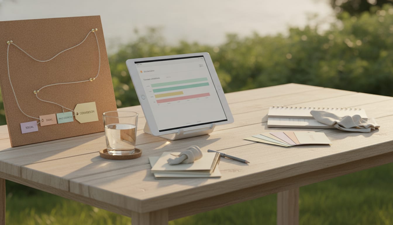 Tablet showing pastel attribution dashboard beside fanned benchmark cards and twine-linked pushpins on a sunlit table