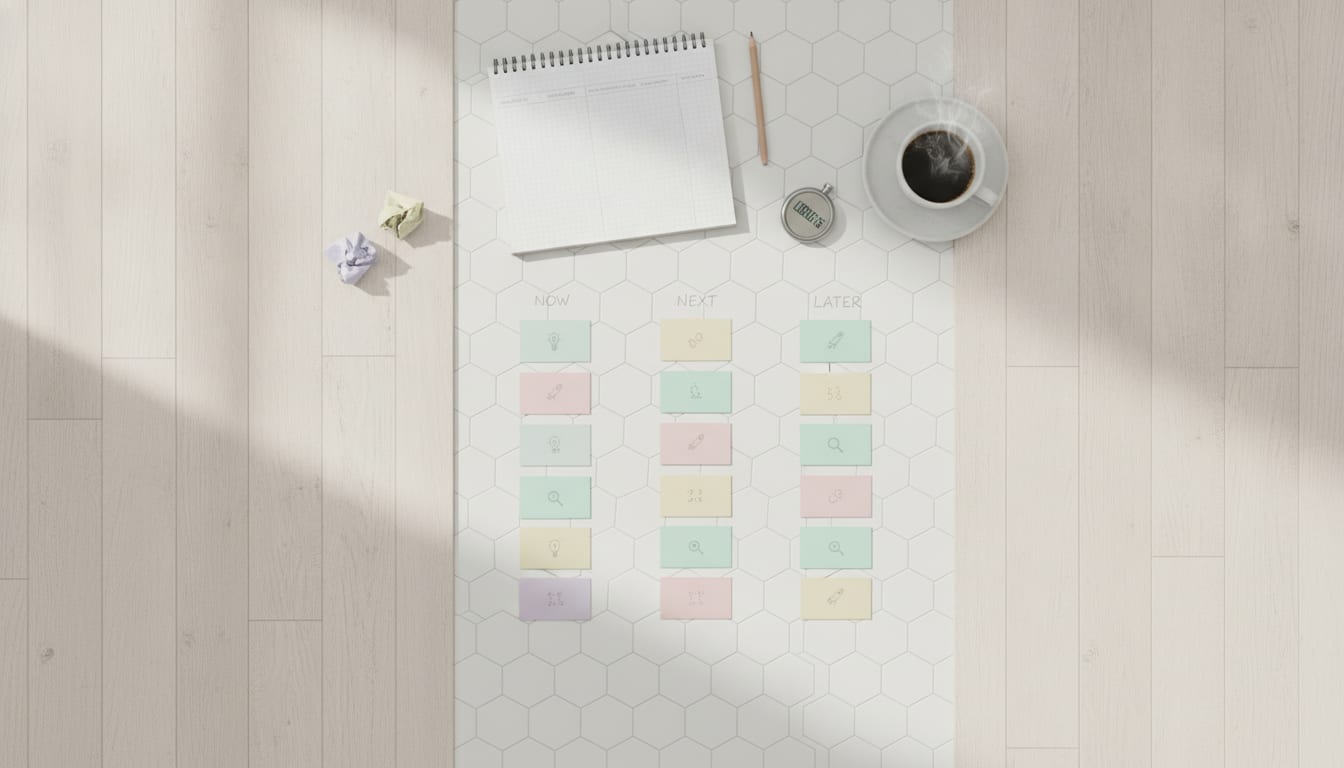 Overhead flat-lay of pastel index cards in Now/Next/Later columns crossing a hallway threshold, with notebook, pencil, and co