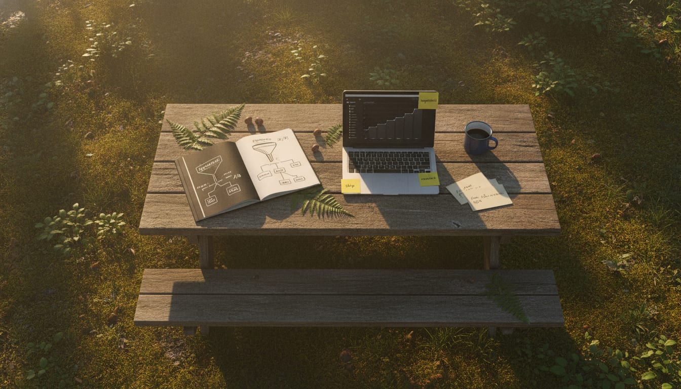 Overhead view of a weathered picnic table in a mossy forest displaying a notebook, laptop dashboard, sticky notes, and coffee