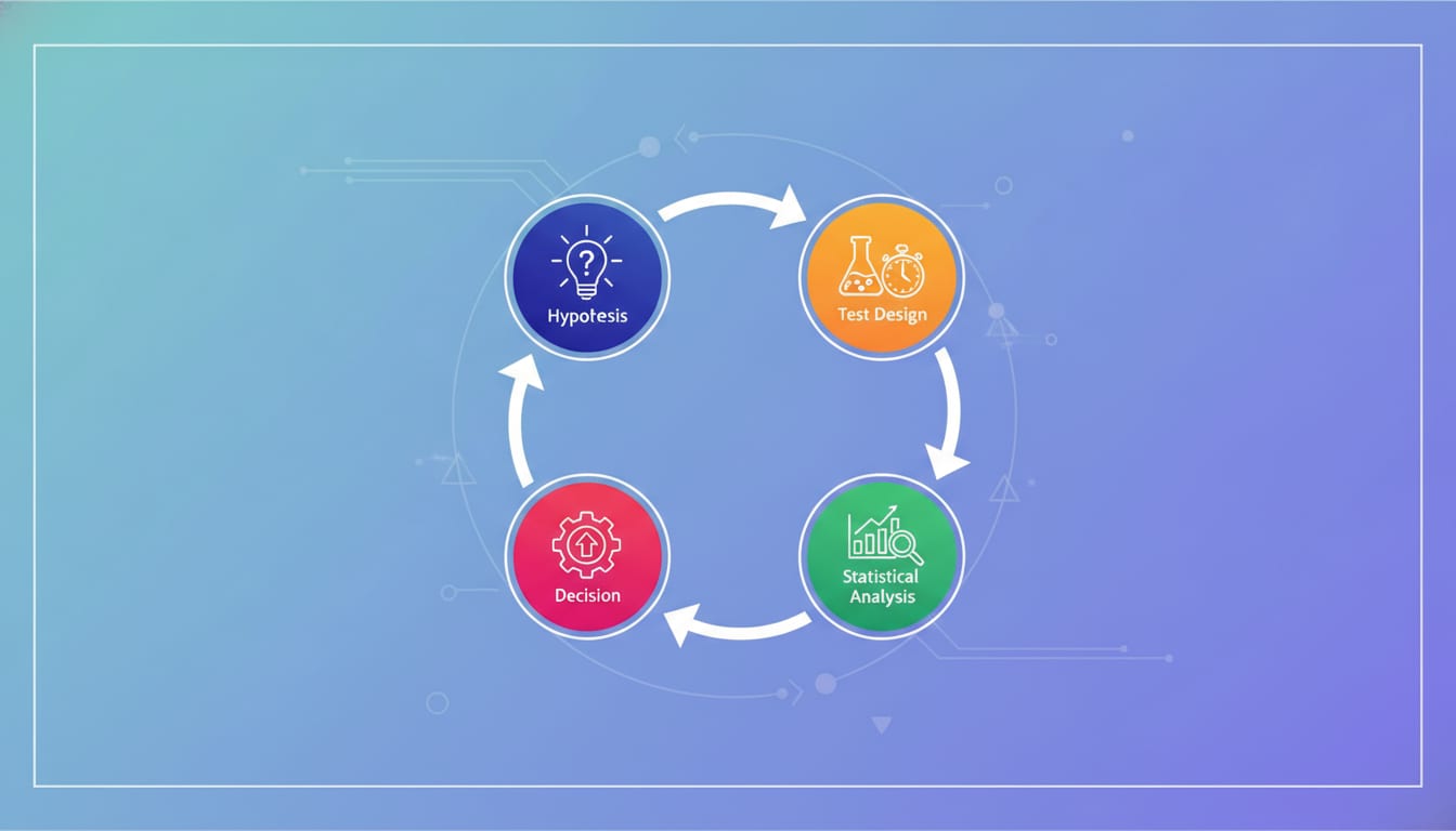 Illustration of a growth experimentation workflow showing hypothesis, test design, statistical analysis, and decision stages connected in a loop