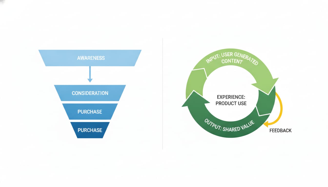 Diagram comparing a linear acquisition funnel with a circular growth loop where user output feeds back into new user input
