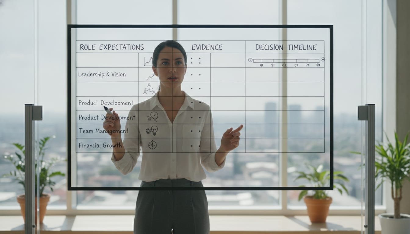 A founder reviewing a performance scorecard on a whiteboard with role expectations, evidence columns, and decision timelines