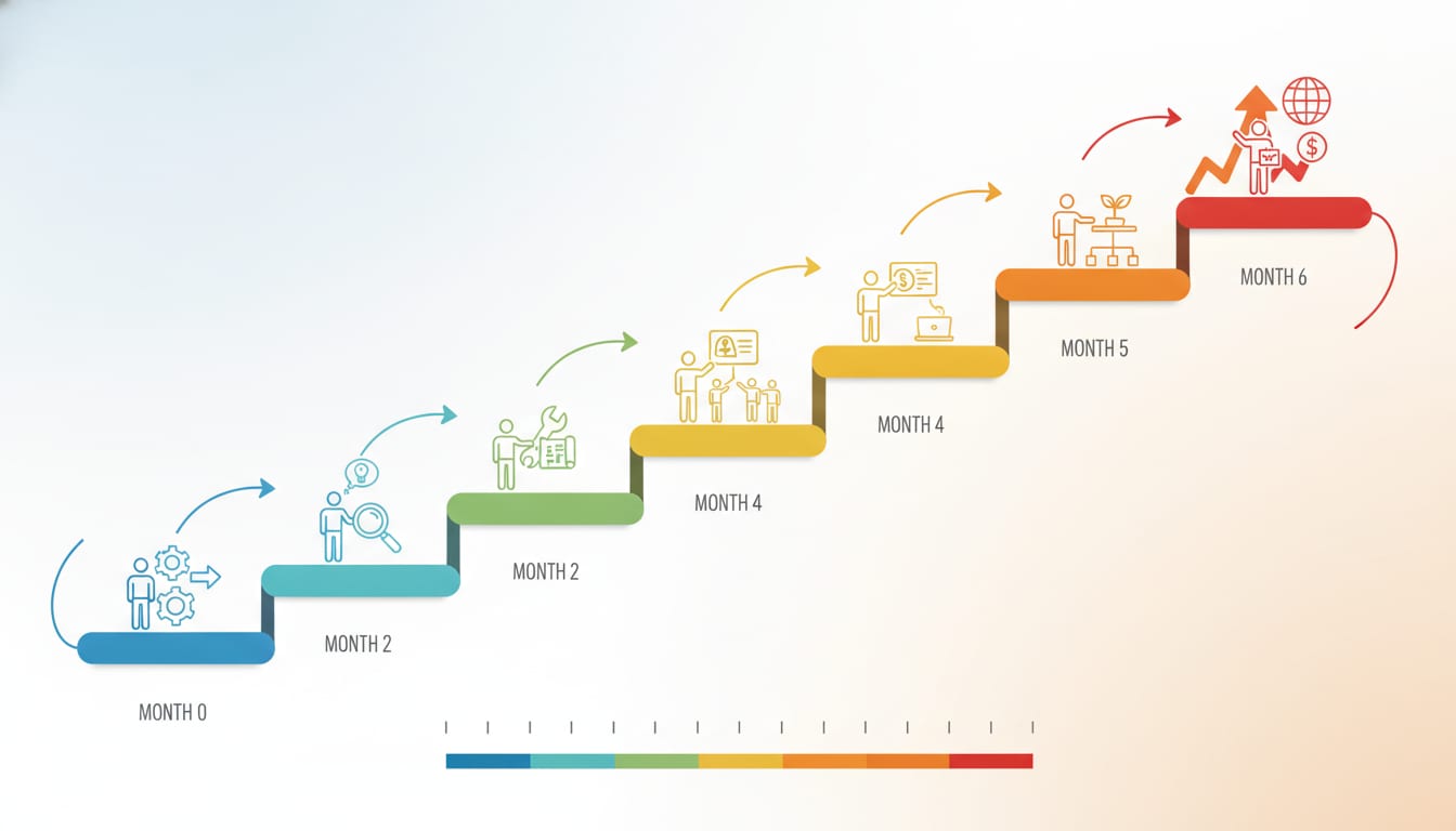 Diagram of a five-level ownership ladder showing an operator progressing from observing work to owning a growth workstream over six months