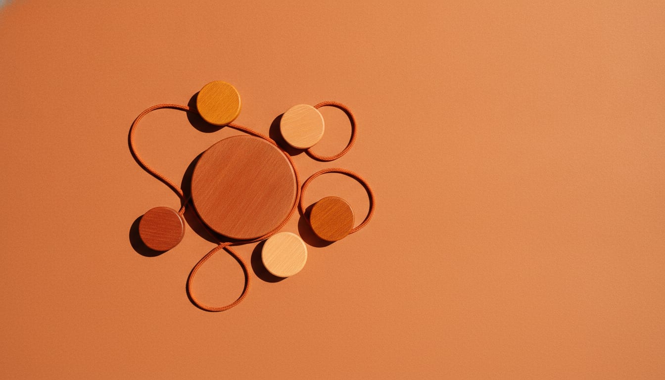 Five wooden discs of varying sizes linked by orange cord in an offset ring on terracotta paper, casting long shadows