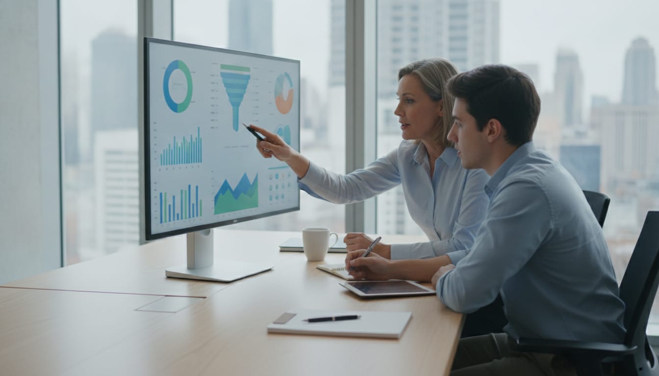 Senior growth operator reviewing an experiment dashboard alongside a junior teammate, illustrating the player-coach mentoring model