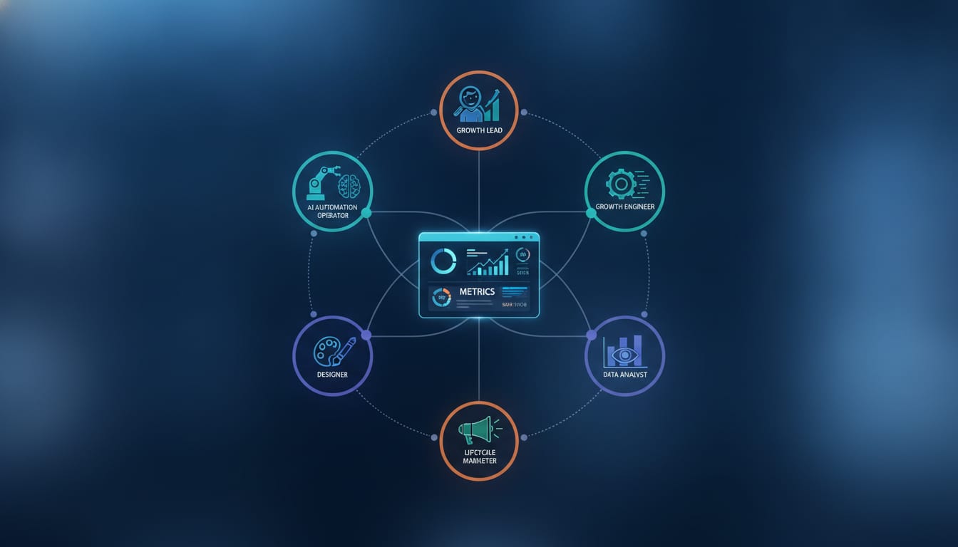 Diagram of a cross-functional growth pod showing growth lead, growth engineer, data analyst, lifecycle marketer, designer, and AI automation operator connected around a shared metrics dashboard