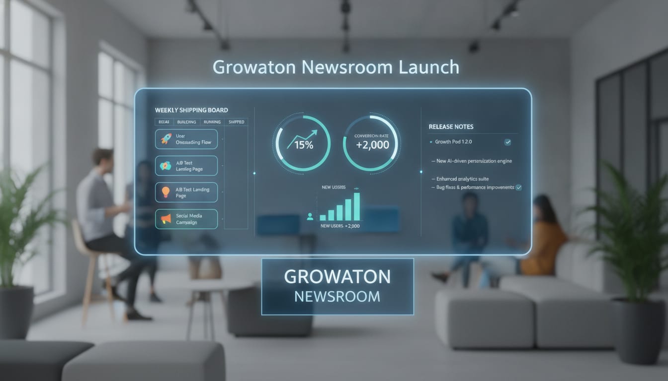 Growaton Newsroom launch — a growth pod's weekly shipping board with experiment cards, metrics dashboards, and release notes