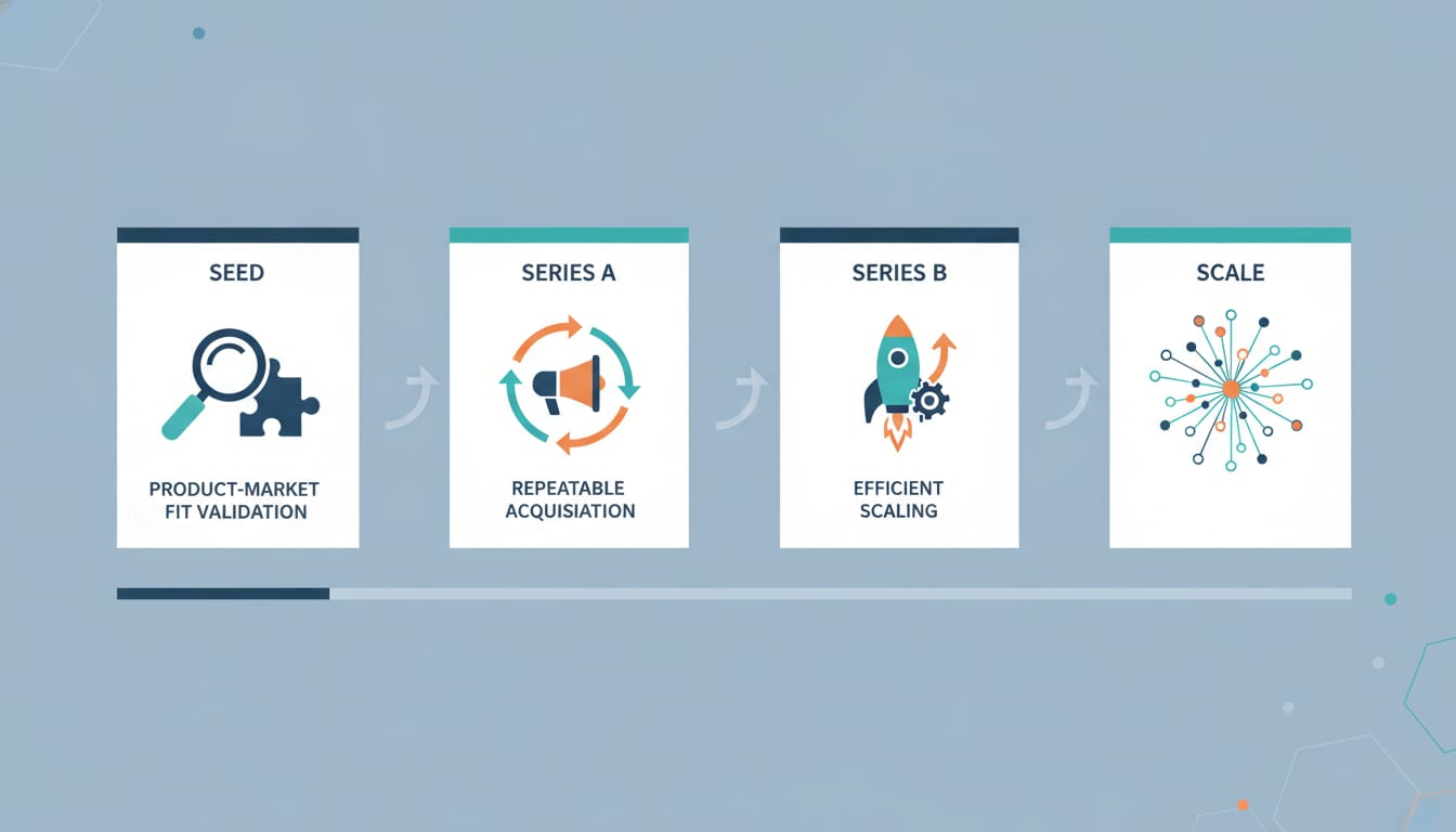 Diagram of the four startup growth stages from seed to Series B, showing the shift from product-market fit validation to repeatable acquisition to efficient scaling