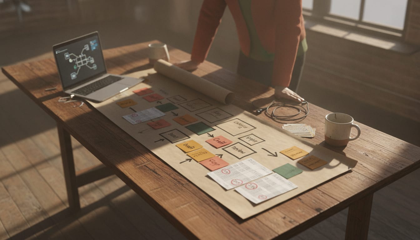 Sunlit studio table with butcher paper workflow map, colorful sticky notes, spreadsheets, laptop, and two blurred people.