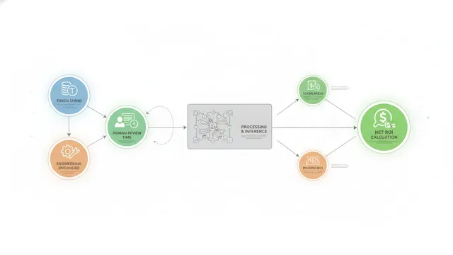 Flowchart where token spend, human review time, and engineering overhead feed into a net ROI calculation