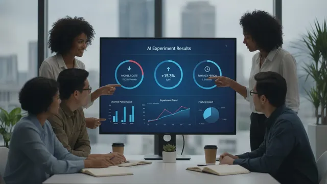 Growth team gathered around a screen reviewing an AI experiment dashboard showing costs, conversion lift and payback
