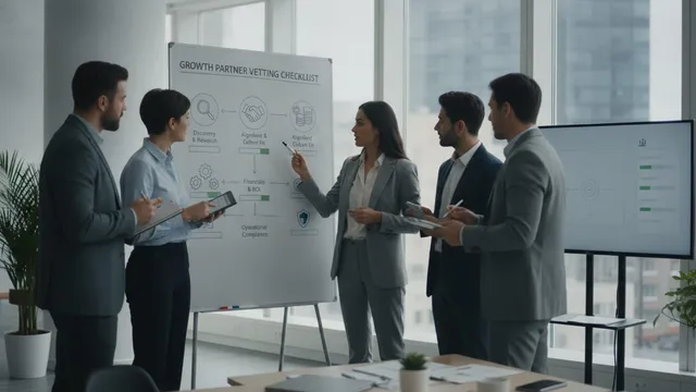 Founder points to a growth partner vetting checklist on a whiteboard as a small team looks on in an office