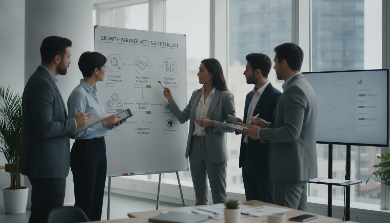 Founder points to a growth partner vetting checklist on a whiteboard as a small team looks on in an office