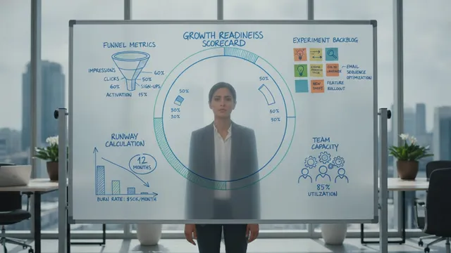 Founder studies a whiteboard growth readiness scorecard with funnel metrics, an exper