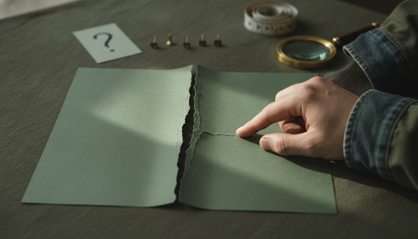 Hands press two torn halves of a green contract back together on olive linen beside brass pins and a magnifier.
