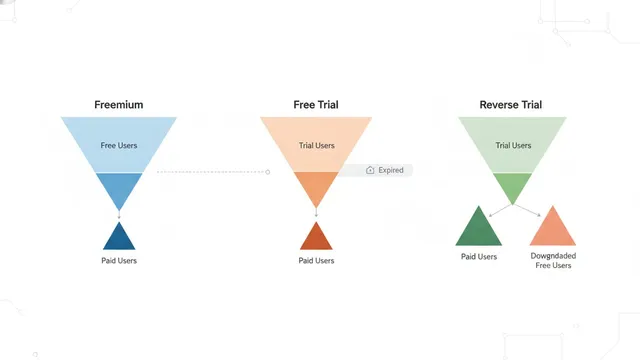 Three side-by-side conversion funnels comparing freemium, free trial, and reverse trial signup-to-paid paths for SaaS