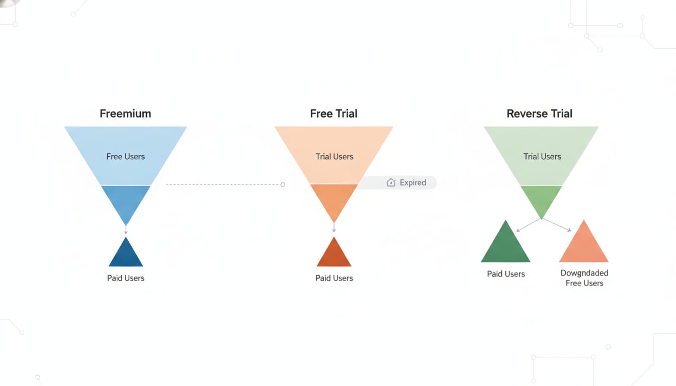 Three side-by-side conversion funnels comparing freemium, free trial, and reverse trial signup-to-paid paths for SaaS