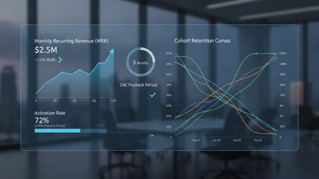 Analytics dashboard displaying MRR growth chart, CAC payback period, activ