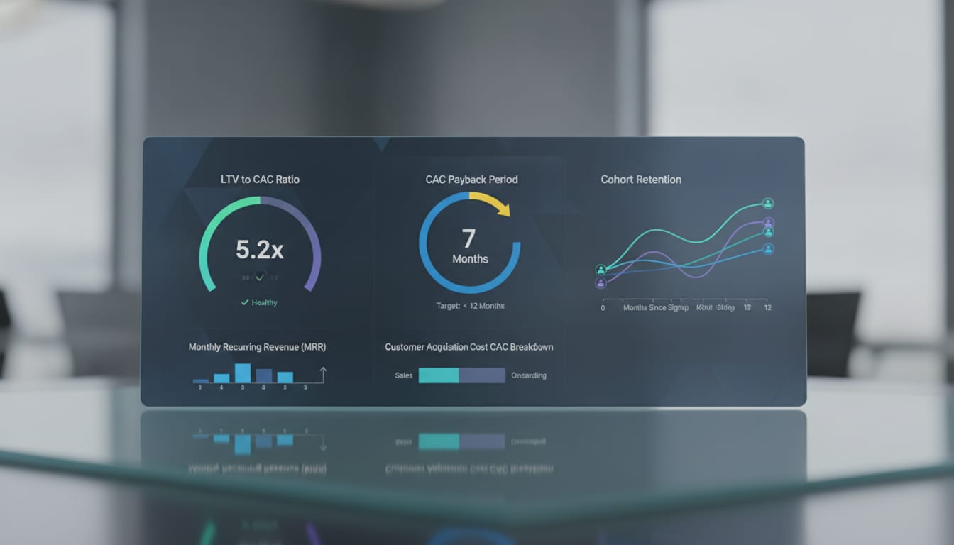 SaaS metrics dashboard displaying LTV to CAC ratio, CAC payback period in months, and cohort retention curve charts