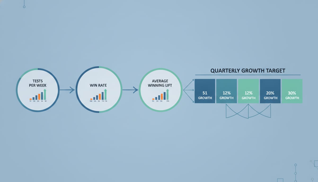Flowchart linking tests per week, win rate, and average winning lift, compounding into a quarterly growth target
