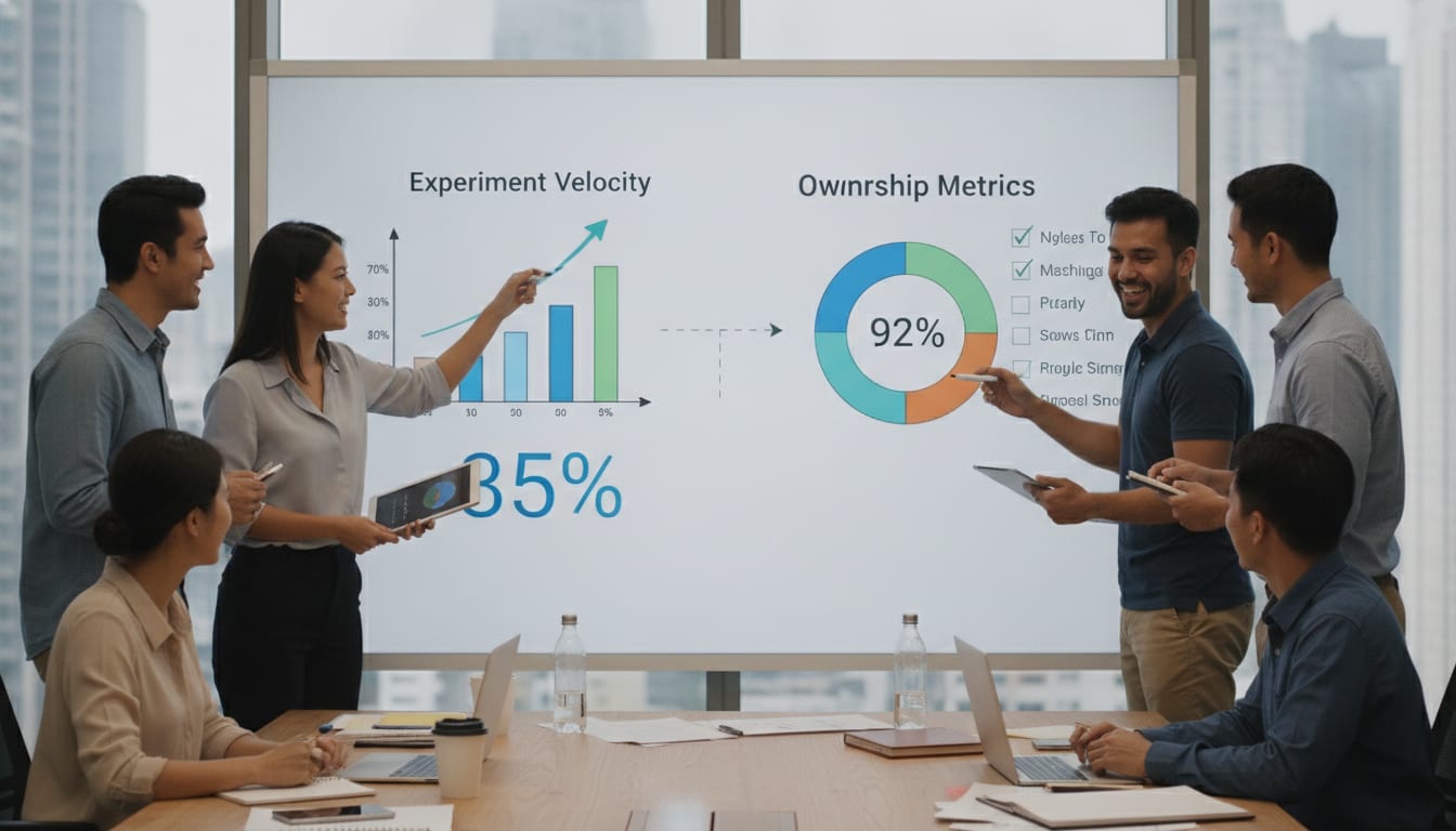 Growth team stands around a whiteboard marked with experiment scores and metrics during a weekly shipping review