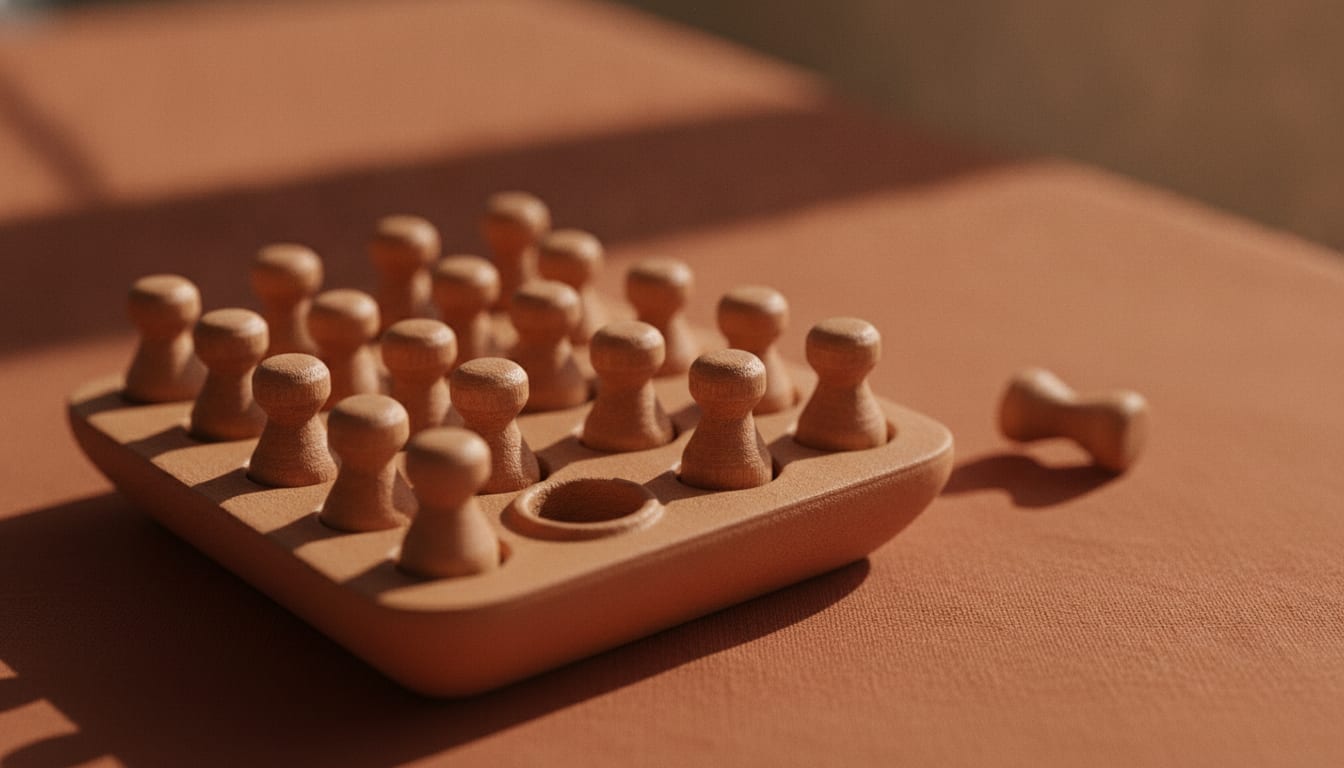Wooden pegs in a terracotta tray with one empty socket in sharp focus and a loose peg tipped on its side.