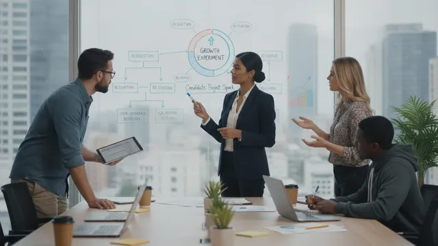 Hiring manager points to notes on a whiteboard while a small team reviews a candidate's take-home project.