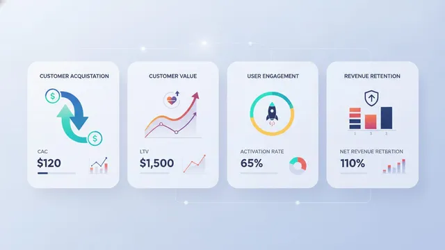 Startup growth dashboard with metric cards grouped by category