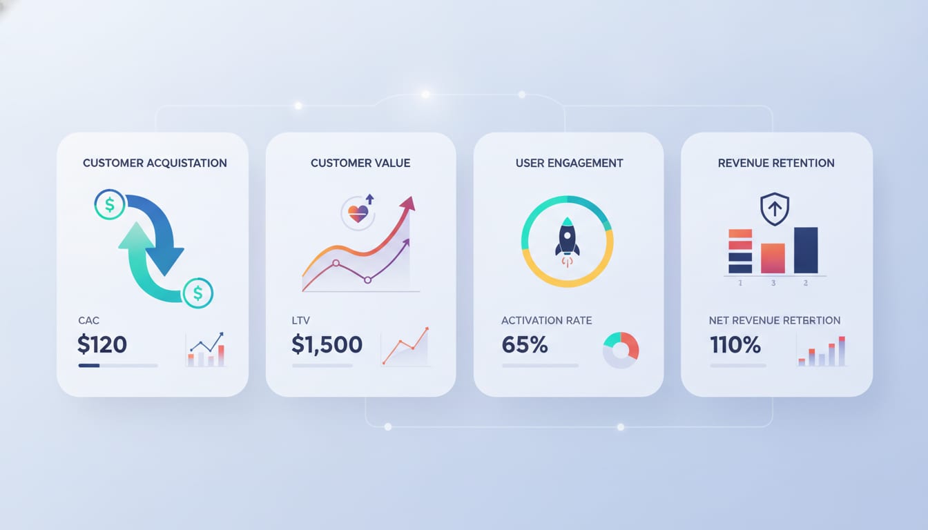 Startup growth dashboard with metric cards grouped by category