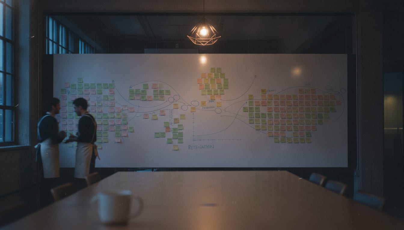 Pastel sticky notes and hand-drawn diagrams fill a whiteboard wall in a dim warehouse office at dusk.