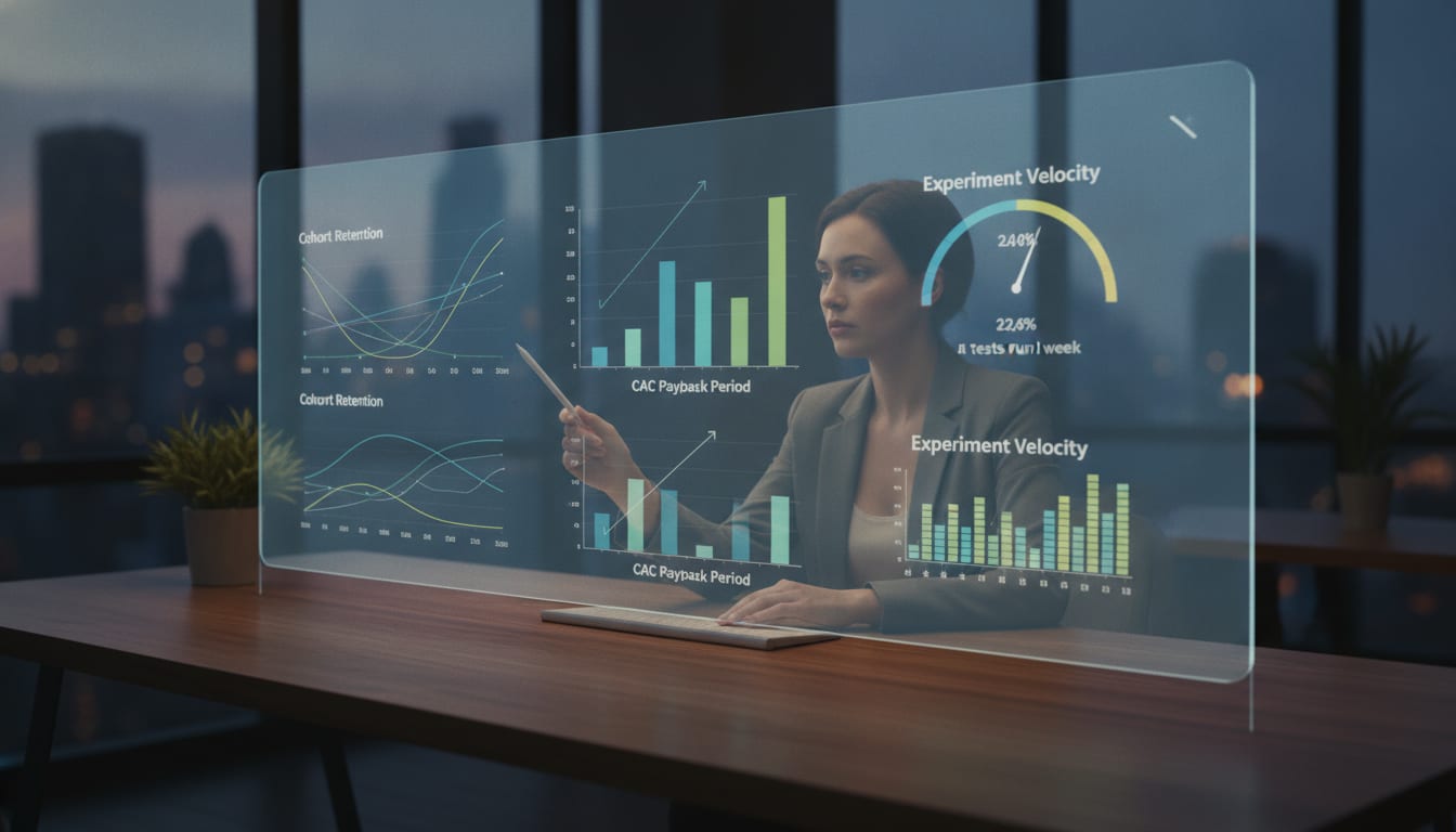 Founder studies a growth dashboard on a monitor showing retention curves, CAC payback charts and experiment metrics